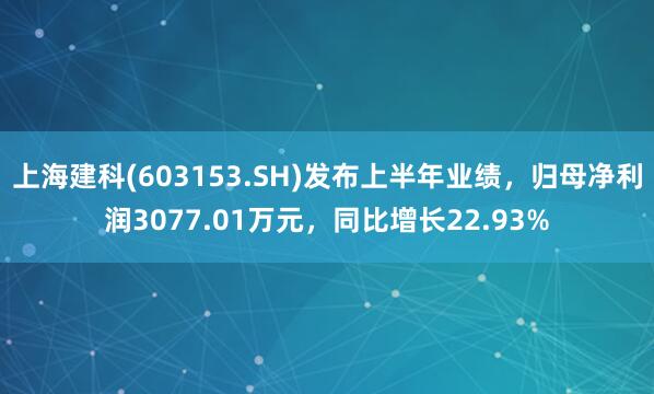 上海建科(603153.SH)发布上半年业绩，归母净利润3077.01万元，同比增长22.93%
